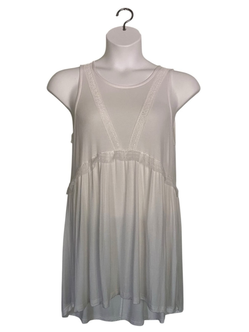 POL Lace Trim Rope Tie Back White Babydoll Tunic Tank Top Womens Size Large
